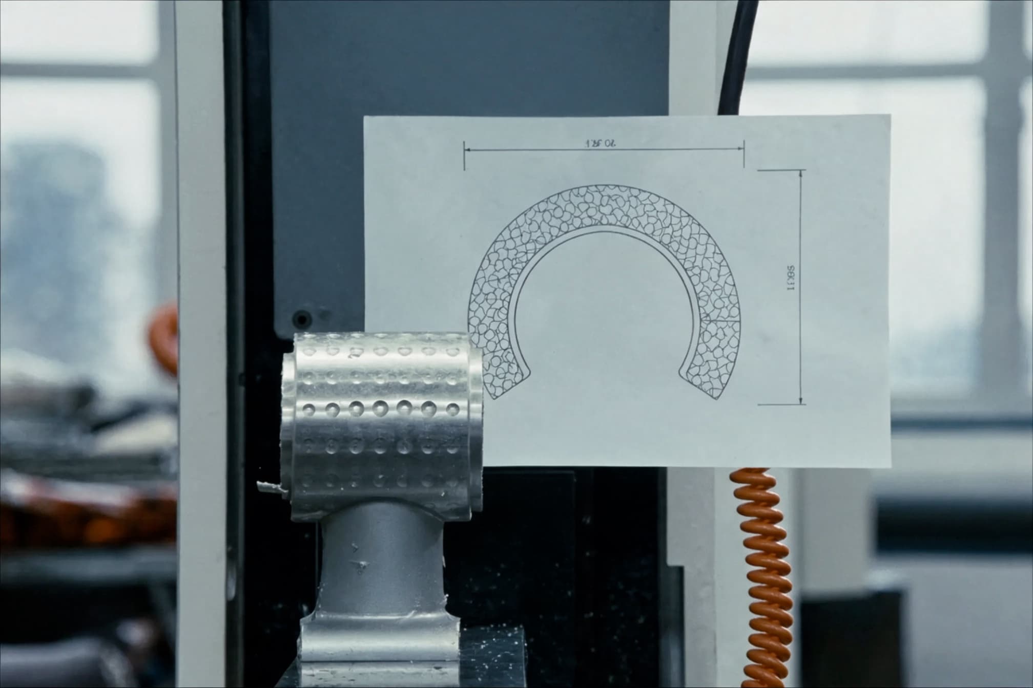A milled component clamped in a machine vise beside a dimensioned engineering drawing