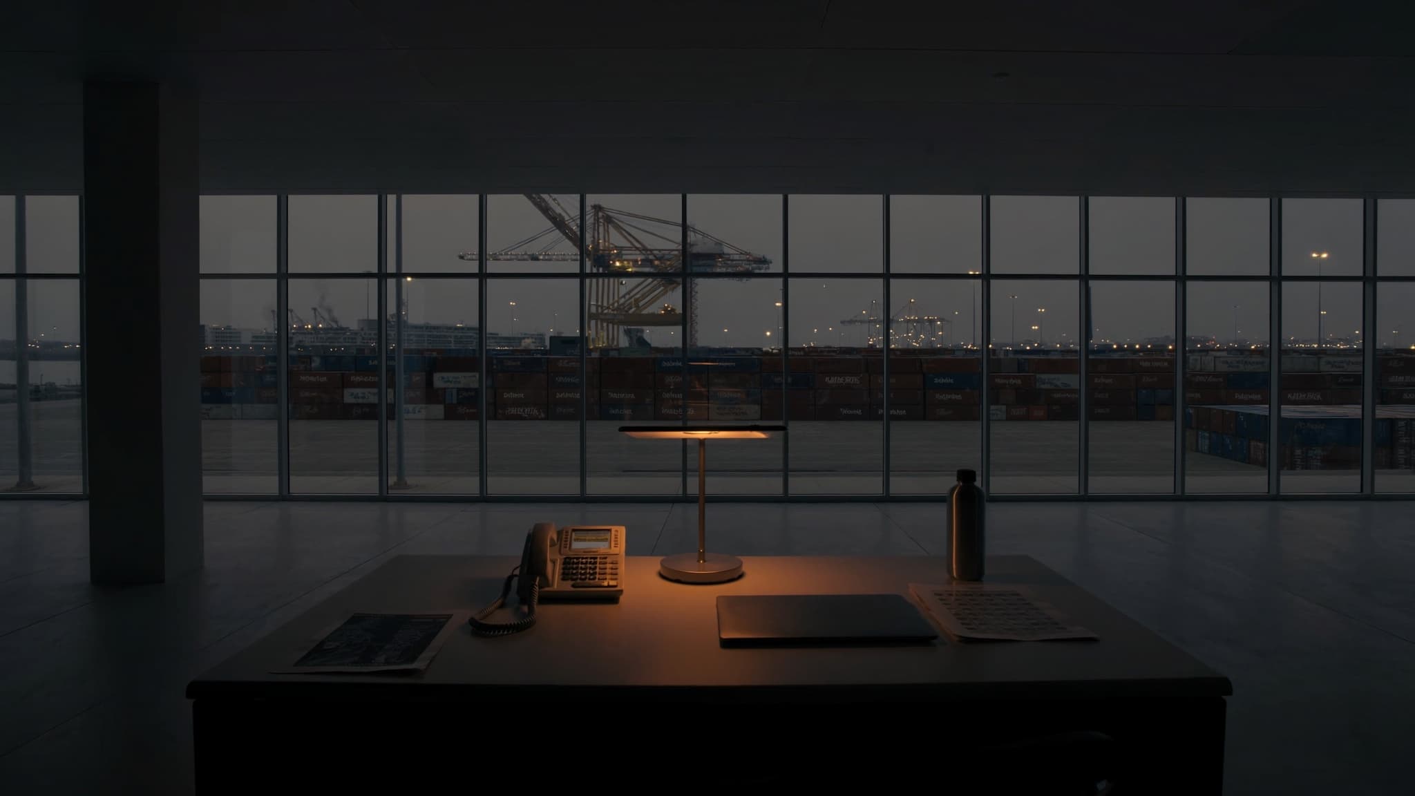 A desk with a lit lamp and a landline phone in an operations room, a full-width window wall looking out onto a container yard and gantry cranes at dusk