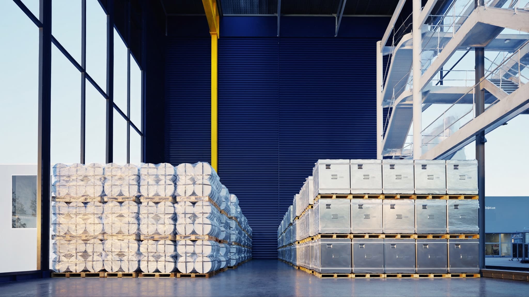 A staging bay in a modern facility: wrapped white chemical barrels stacked on pallets to one side, wrapped stainless units to the other, across a clear aisle
