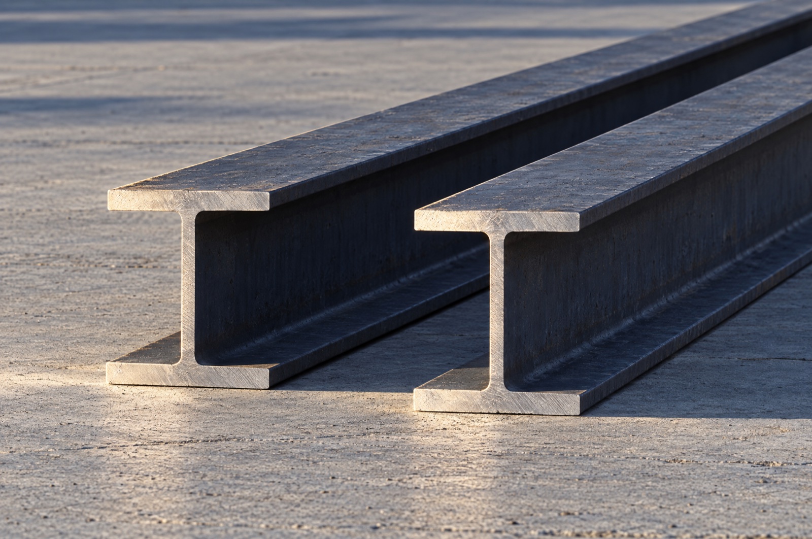 Two structural steel I-beams on a concrete slab in low raking light, their sawn ends bright against dark mill scale
