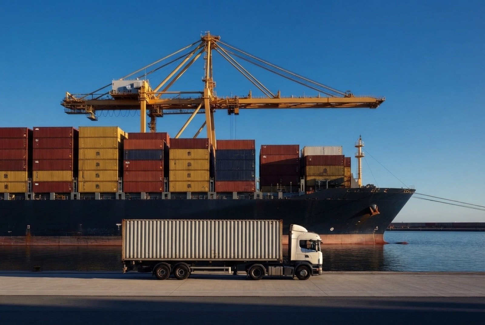 A container ship, a quayside gantry crane and a container truck at a port, all facing the same way in low sun