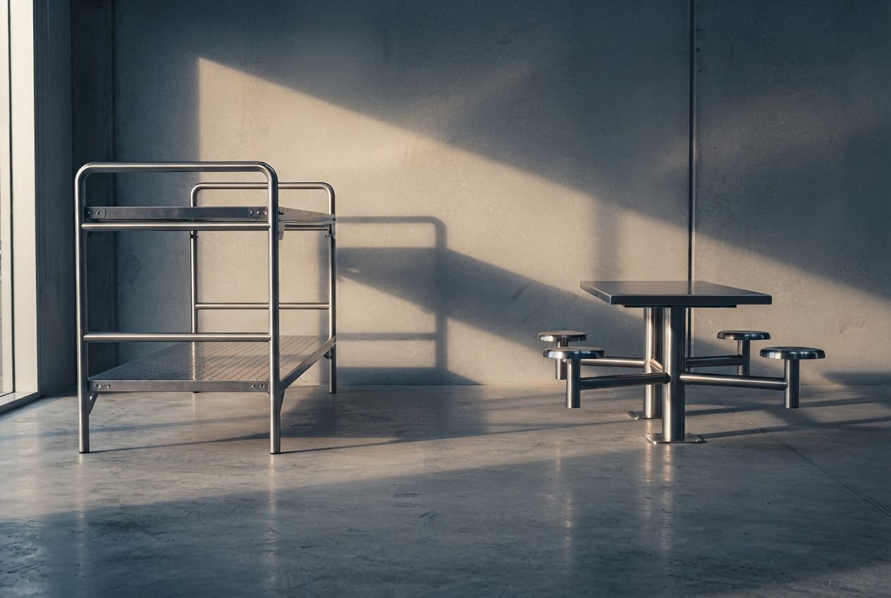 A stainless bed frame and a pedestal table with fixed stools standing on a workshop floor in low raking light
