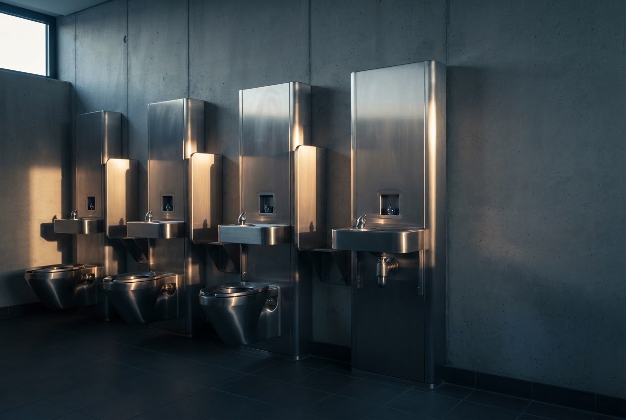 Stainless steel toilet and basin units in a row along a concrete washroom wall, raked by low light from a high window