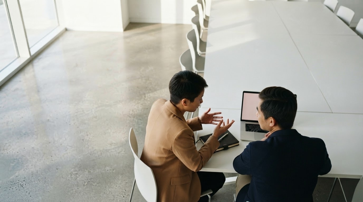 Two people in conversation across the corner of a meeting table, seen from above