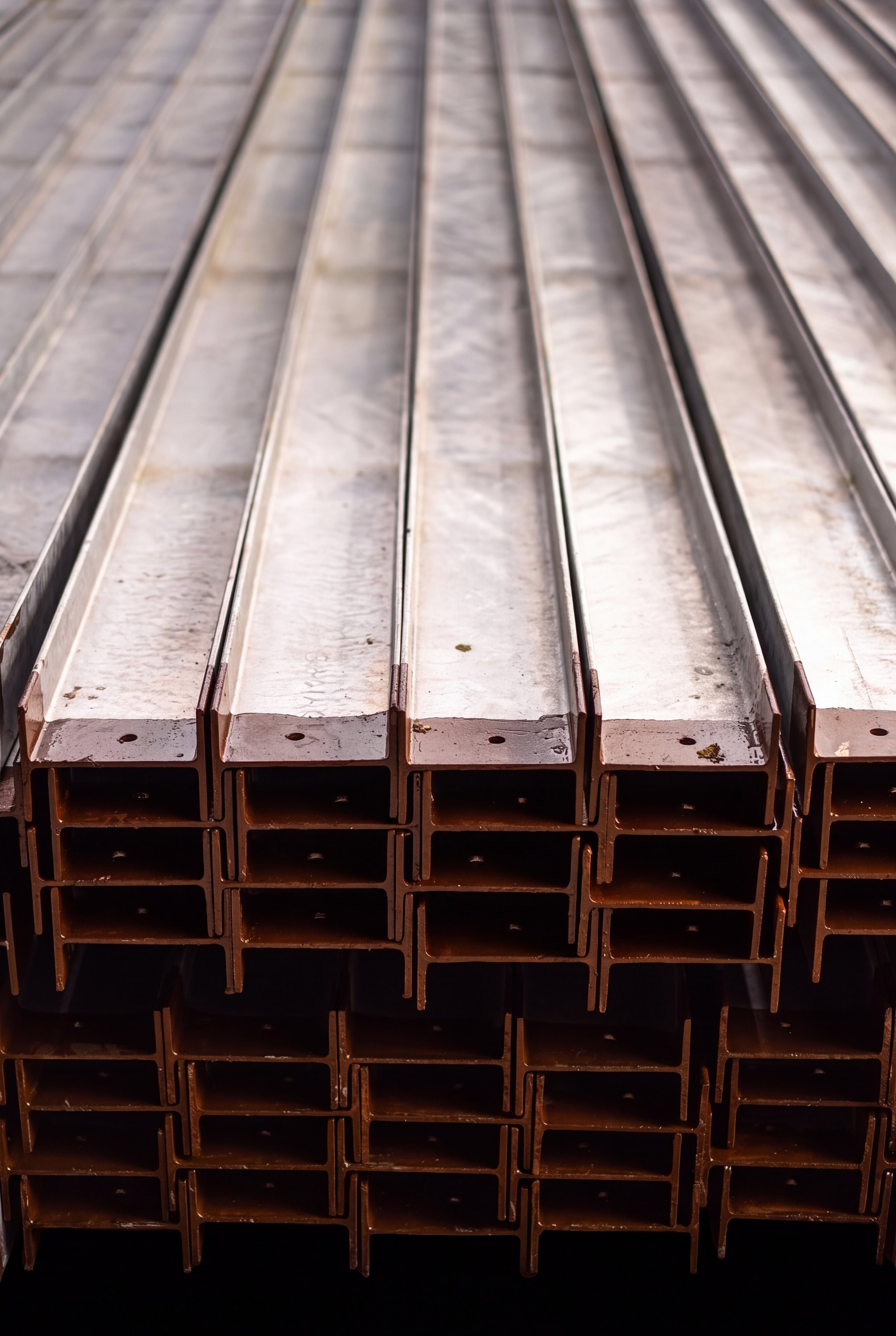 Bundles of structural steel beams stacked in a warehouse, cut ends toward the camera